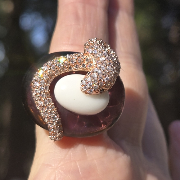 White Sapphire Black Onyx Blown Glass Sterling & Gold Snake Statement Ring Sz8.7 - Picture 7 of 13